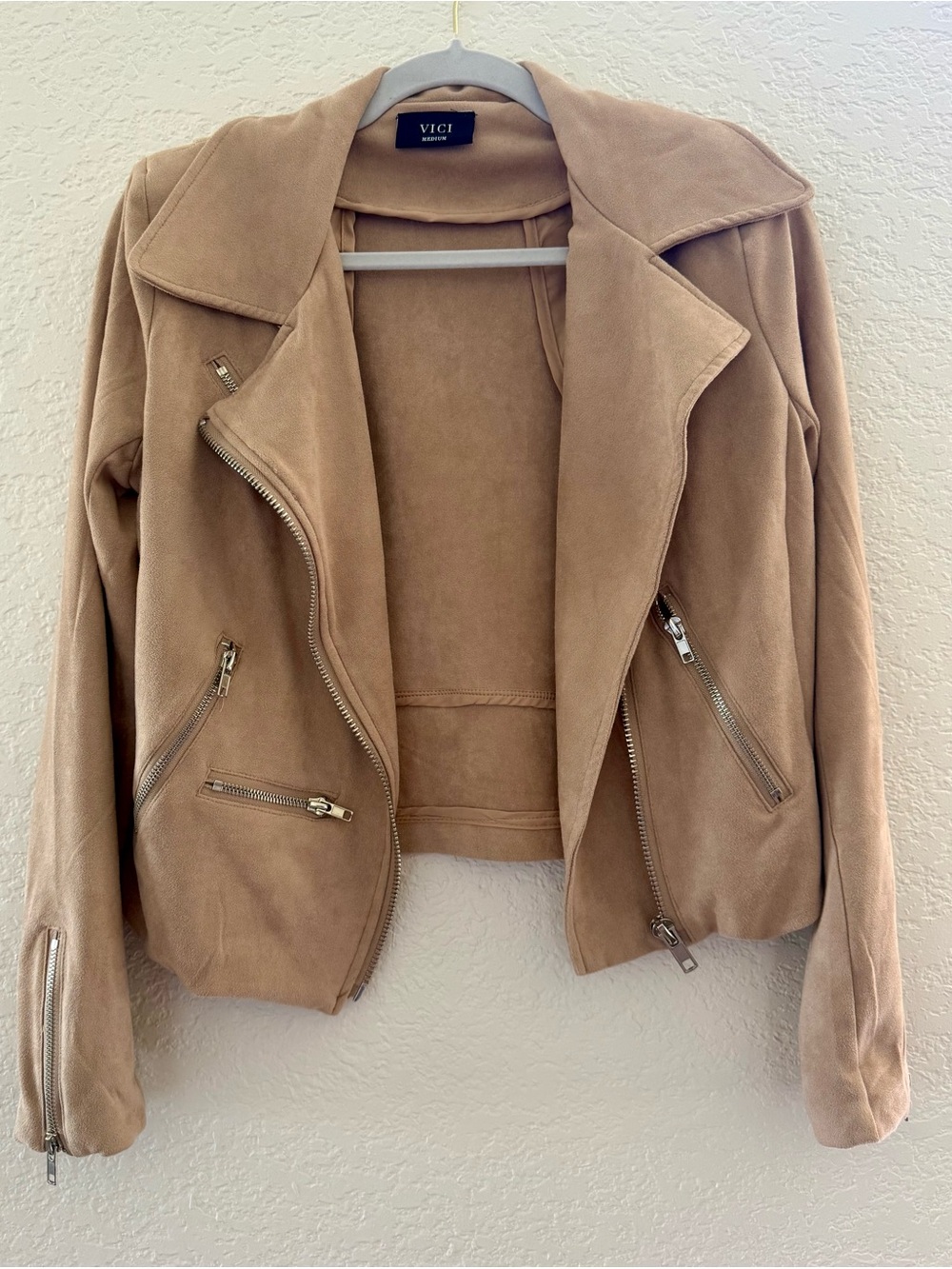 Vici Collection Faux Suede Moto Jacket in Camel - M